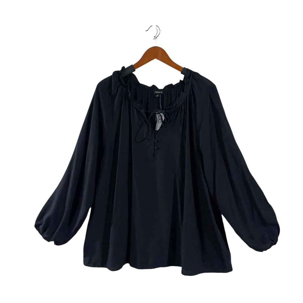 Torrid Challis Tie Front Blouse 2X Deep Black Peasant Flowy Whimsygoth Career